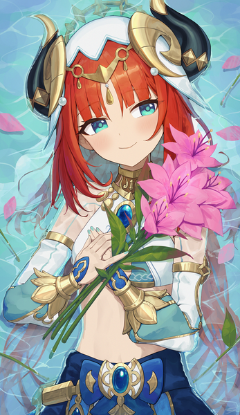 Anime picture 2105x3641 with genshin impact nilou (genshin impact) pellas (panix2383) single long hair tall image blush fringe highres smile looking away upper body red hair horn (horns) aqua eyes afloat girl flower (flowers) detached sleeves petals