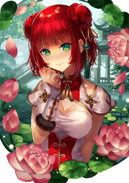 Anime picture 700x989 with original terai (teraimorimori) single tall image looking at viewer blush fringe short hair breasts smile holding green eyes upper body red hair blunt bangs traditional clothes head tilt hair bun (hair buns) chinese clothes cleavage cutout