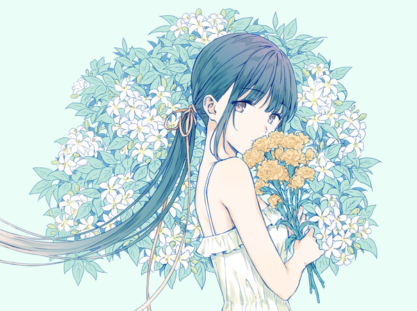 Anime picture 1338x1000 with original hiten (hitenkei) single long hair looking at viewer fringe black hair simple background standing holding brown eyes payot upper body ponytail blunt bangs turning head floral background girl dress flower (flowers)