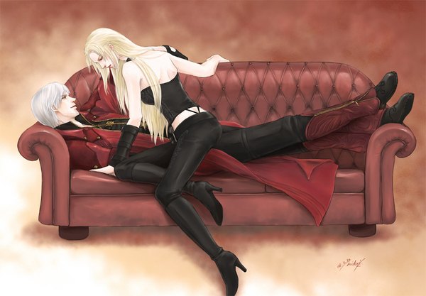 Anime picture 1006x700 with devil may cry dante (devil may cry) trish midori tachibana long hair short hair blonde hair sitting bare shoulders signed lying profile light smile grey hair from behind couple back face to face brown background girl