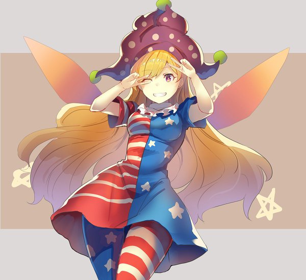 Anime picture 1200x1098 with touhou clownpiece rin falcon single long hair looking at viewer blonde hair purple eyes one eye closed wink victory striped polka dot star print girl dress hat wings star (symbol)