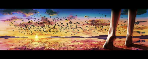 Anime picture 1800x720 with original same (pixiv) highres wide image sky cloud (clouds) barefoot legs evening reflection sunset landscape scenic flock animal water bird (birds) sun