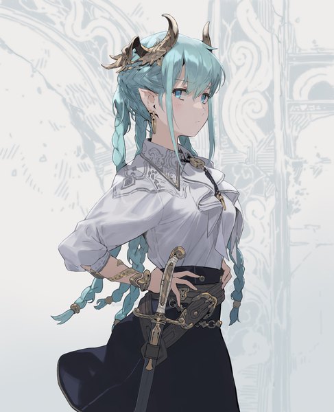 Anime picture 1625x2000 with original hirooka masaki single tall image looking at viewer blush fringe hair between eyes standing payot braid (braids) horn (horns) aqua eyes pointy ears aqua hair sheathed hands on hips girl skirt weapon
