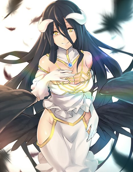 Anime picture 841x1080 with overlord (maruyama) madhouse albedo (overlord) makita (twosidegekilove) single long hair tall image looking at viewer breasts light erotic black hair simple background smile large breasts standing white background yellow eyes horn (horns) hand on chest demon girl