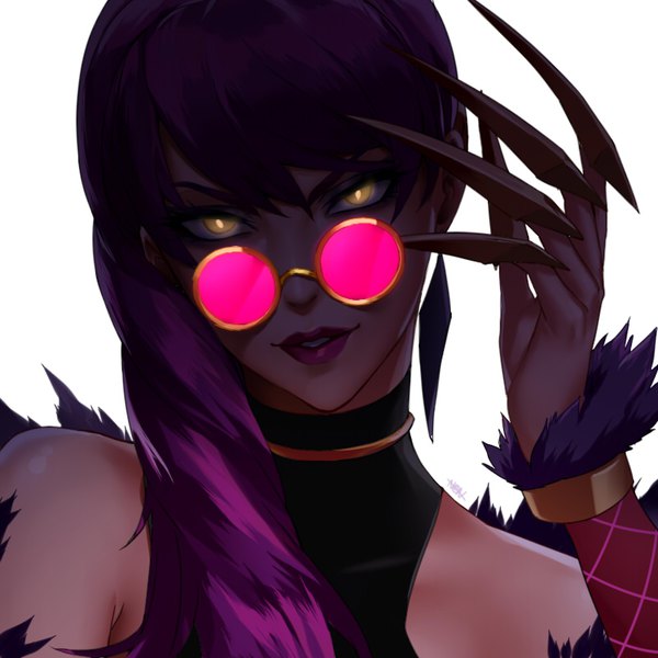 Anime picture 800x800 with league of legends k/da (league of legends) evelynn (league of legends) k/da evelynn non (nonzile) single long hair looking at viewer fringe simple background white background bare shoulders yellow eyes purple hair head tilt lipstick portrait shaded face girl sunglasses