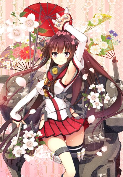 Anime picture 1248x1800 with kantai collection yamato super battleship gunp single long hair tall image blush smile brown hair purple eyes sayagata girl skirt flower (flowers) weapon detached sleeves petals