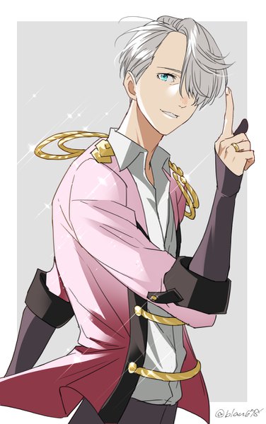 Anime picture 753x1200 with yuri!!! on ice mappa viktor nikiforov natsuko (bluecandy) single tall image looking at viewer fringe short hair simple background silver hair upper body parted lips aqua eyes hair over one eye grey background sparkle framed boy ring