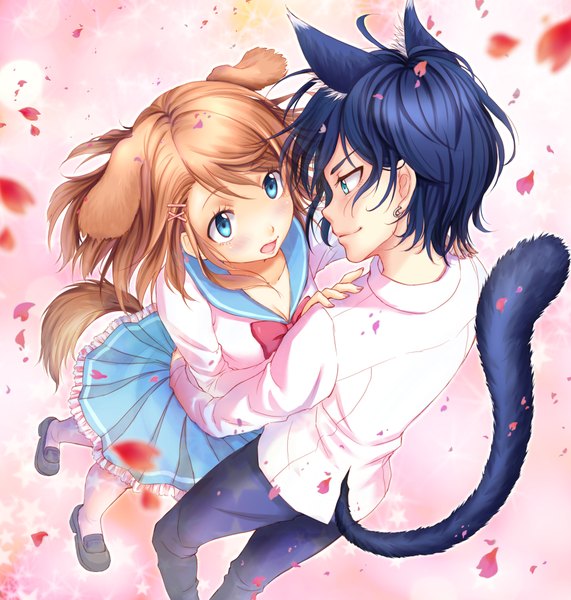 Anime picture 2000x2100 with original syrinxwell311 tall image blush highres short hair open mouth blue eyes brown hair animal ears blue hair tail animal tail couple girl boy skirt uniform shirt petals