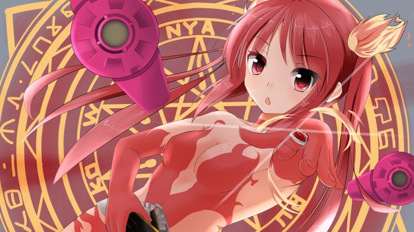 Anime picture 3000x1686 with haiyore! nyaruko-san cthugha (nyaruko-san) daikikia 9 single long hair highres breasts light erotic red eyes wide image twintails red hair girl gloves elbow gloves ring fire