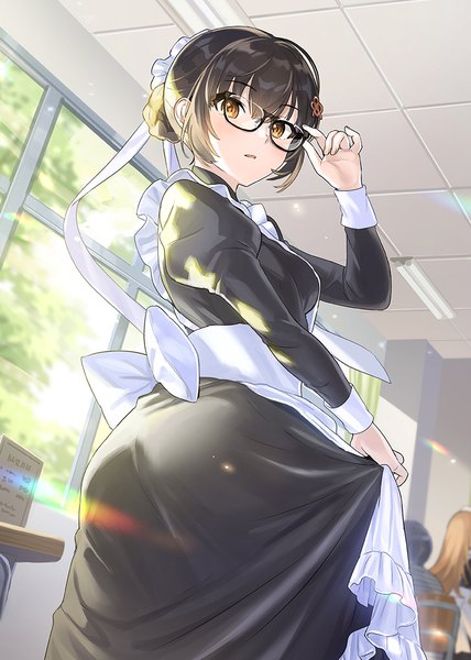 Anime picture 785x1100 with original tan (tangent) tall image looking at viewer blush fringe short hair open mouth hair between eyes brown hair standing multiple girls brown eyes ass indoors long sleeves looking back maid hair bun (hair buns) puffy sleeves