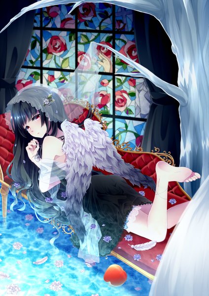Anime picture 1201x1700 with original yukina yotsuba single long hair tall image looking at viewer fringe black hair red eyes bare shoulders bent knee (knees) looking back barefoot bare legs no shoes leg lift (legs lift) black wings white wings girl hair ornament