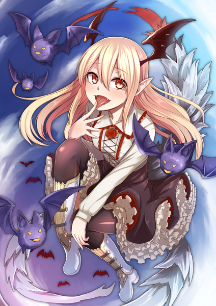 Anime picture 848x1200 with shingeki no bahamut granblue fantasy vampy hiruno single long hair tall image blush fringe open mouth blonde hair hair between eyes yellow eyes payot looking away sky cloud (clouds) bent knee (knees) tail long sleeves
