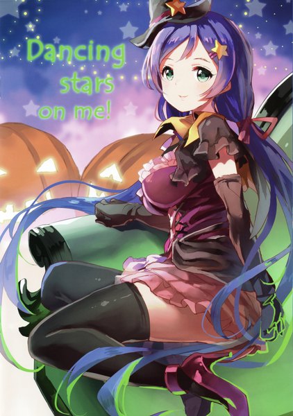Anime picture 2850x4048 with love live! school idol project sunrise (studio) love live! toujou nozomi 77gl single tall image highres smile sitting twintails looking away purple hair very long hair aqua eyes inscription high heels low twintails halloween girl