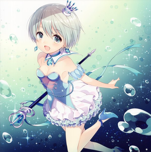 Anime picture 3291x3297 with original wasabi (sekai) single tall image looking at viewer blush fringe highres short hair open mouth blue eyes hair between eyes bare shoulders absurdres silver hair from above sparkle girl dress earrings