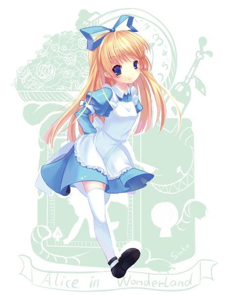 Anime picture 1000x1308 with alice in wonderland alice (wonderland) yadamon (neverland) single long hair tall image blush blue eyes blonde hair loli girl thighhighs dress bow hair bow white thighhighs