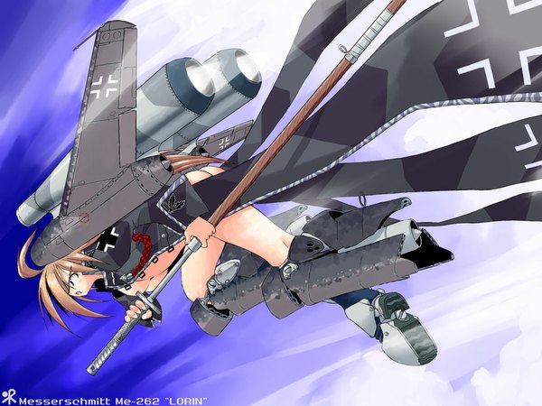 Anime picture 1024x768 with yonezuka ryou single breasts light erotic military unsheathing mecha musume wwii girl sheath aircraft airplane jet nodachi me 262