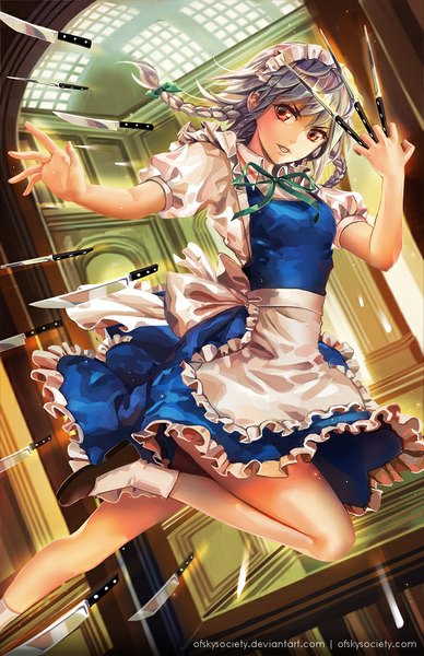 Anime picture 582x900 with touhou izayoi sakuya ofskysociety single tall image fringe short hair open mouth holding brown eyes bent knee (knees) indoors braid (braids) grey hair twin braids outstretched arm clenched teeth girl socks headdress