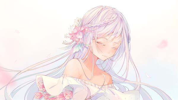 Anime picture 2000x1125 with original hyanna-natsu single long hair blush highres wide image white background bare shoulders white hair eyes closed hair flower girl dress flower (flowers) petals white dress