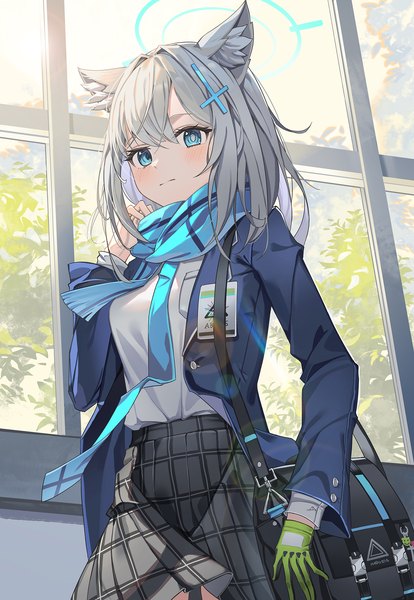 Anime picture 1500x2173 with blue archive shiroko (blue archive) al guang single long hair tall image looking at viewer blush fringe blue eyes hair between eyes animal ears grey hair from below girl uniform school uniform window scarf bag