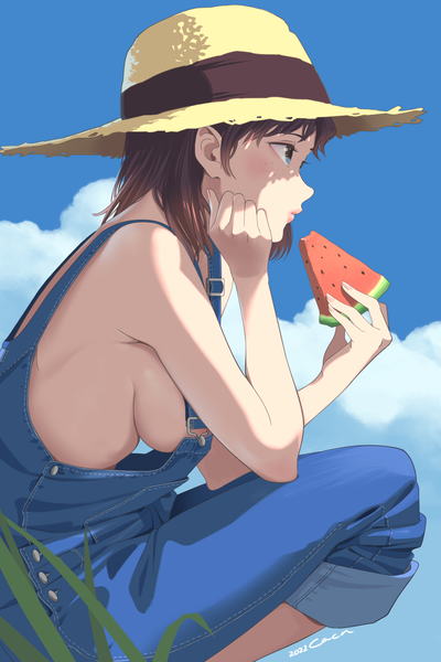 Anime picture 1100x1650 with original kyakkun single tall image blush fringe short hair breasts blue eyes light erotic brown hair large breasts holding signed looking away sky cloud (clouds) outdoors profile sideboob