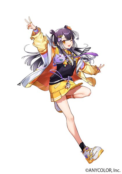Anime picture 1050x1500 with virtual youtuber nijisanji umise yotsuha itefu single long hair tall image looking at viewer open mouth simple background white background purple hair full body bent knee (knees) one eye closed wink open jacket official art hair bun (hair buns) orange eyes