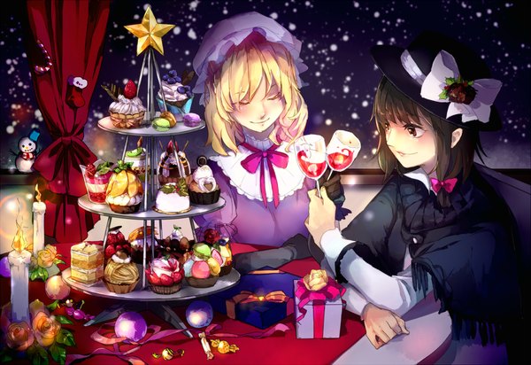 Anime picture 1500x1032 with touhou usami renko maribel hearn sofy hnzkrsna long hair blush short hair blonde hair brown hair multiple girls brown eyes indoors eyes closed snowing christmas winter girl dress bow