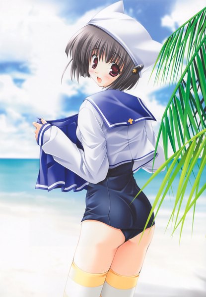 Anime picture 2414x3485 with ikegami akane tall image highres short hair light erotic black hair red eyes looking back beach girl thighhighs swimsuit hat serafuku one-piece swimsuit school swimsuit