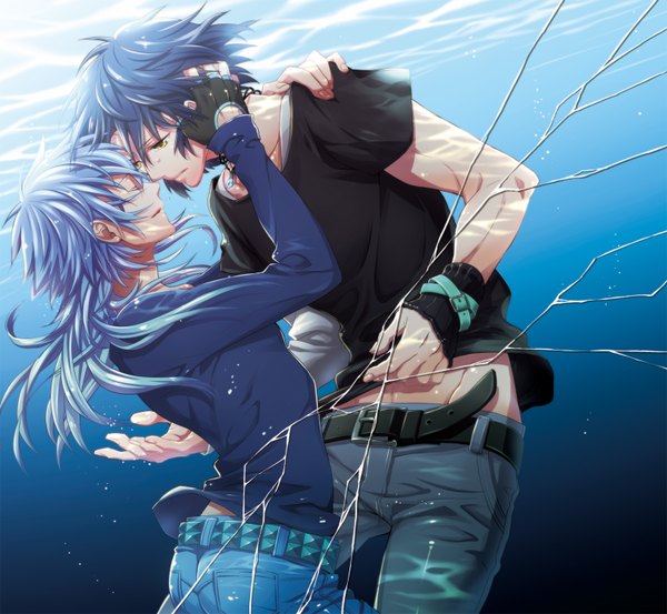 Anime picture 1626x1500 with dramatical murder nitro+chiral aoba (dmmd) ren (dmmd) tagme (artist) long hair short hair yellow eyes blue hair eyes closed profile from behind multiple boys hug back underwater shounen ai boy water bracelet
