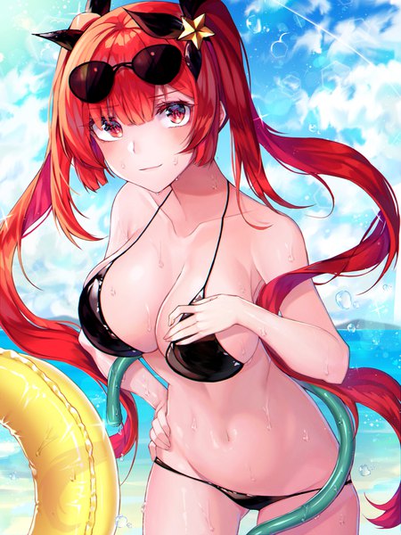 Anime picture 3000x4000 with azur lane honolulu (azur lane) honolulu (summer accident?!) (azur lane) fage single long hair tall image looking at viewer blush highres breasts light erotic red eyes large breasts standing twintails payot sky cleavage cloud (clouds)