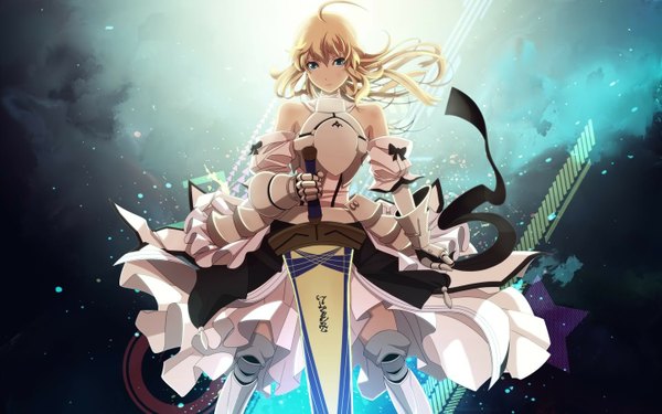 Anime picture 1440x900 with fate (series) fate/stay night fate/zero fate/unlimited codes studio deen type-moon artoria pendragon (all) saber saber lily single long hair looking at viewer fringe blue eyes blonde hair wide image standing holding alternate hairstyle girl