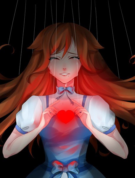 Anime picture 821x1080 with the doll (visual novel) vaizerka single long hair tall image fringe hair between eyes brown hair standing eyes closed lips mole tears glowing black background mole under mouth girl dress bow heart
