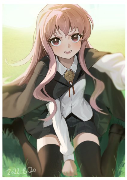 Anime picture 2480x3508 with zero no tsukaima j.c. staff louise francoise le blanc de la valliere lx.hk single long hair tall image looking at viewer blush fringe highres open mouth smile hair between eyes red eyes sitting payot pink hair full body bent knee (knees)