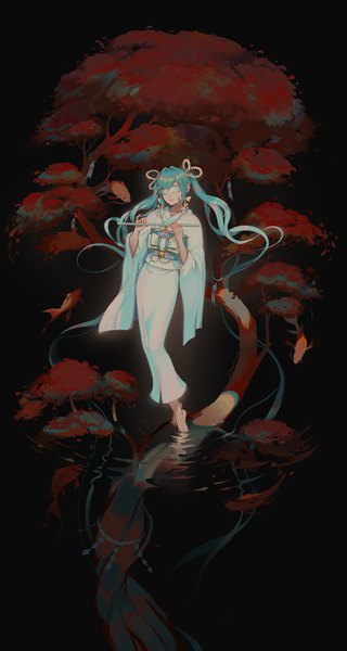 Anime picture 1500x2807 with vocaloid hatsune miku lian yao single tall image twintails full body very long hair traditional clothes japanese clothes barefoot aqua hair black background blindfold girl plant (plants) earrings animal tree (trees) obi