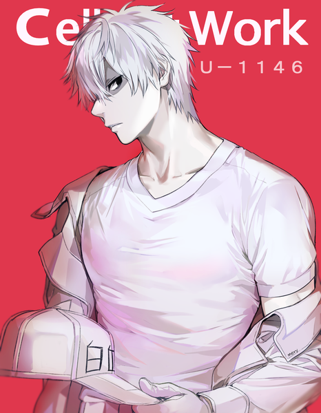 Anime picture 1100x1417 with hataraku saibou david production white blood cell (hataraku saibou) u-1146 mery (yangmalgage) single tall image looking at viewer fringe short hair simple background signed upper body white hair profile black eyes hair over one eye open jacket character names red background