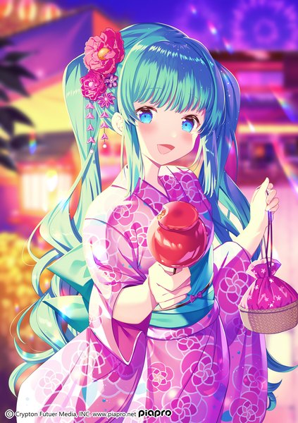 Anime-Bild 1062x1505 mit vocaloid hatsune miku ikari (aor3507) single long hair tall image looking at viewer blush open mouth blue eyes twintails holding outdoors traditional clothes :d japanese clothes aqua hair floral print girl hair ornament