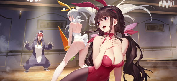 Anime picture 4334x2000 with romantic saga of beauty & devil daye bie qia lian long hair blush fringe highres breasts open mouth light erotic smile hair between eyes red eyes brown hair wide image large breasts standing sitting twintails bare shoulders multiple girls