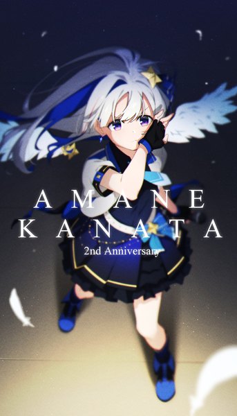 Anime picture 868x1518 with virtual youtuber hololive amane kanata gulim single long hair tall image fringe hair between eyes purple eyes silver hair full body from above character names anniversary girl gloves wings fingerless gloves feather (feathers)