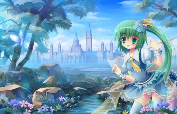 Anime picture 1355x877 with touhou daiyousei zhandou greymon single long hair blush open mouth :d hair flower aqua eyes green hair loli one side up girl dress hair ornament flower (flowers) plant (plants) wings tree (trees)