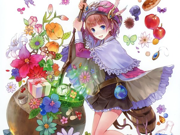 Anime picture 2048x1536 with atelier (series) atelier rorona gust (company) rororina fryxell kishida mel fringe highres short hair open mouth brown hair magic skirt flower (flowers) hat petals belt pendant insect butterfly cloak