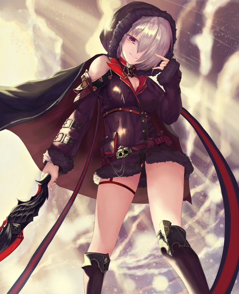 Anime picture 2890x3541 with shingeki no bahamut shadowverse wizardess of oz nekobell single tall image looking at viewer fringe highres short hair smile red eyes silver hair nail polish hair over one eye from below fur trim girl weapon sword