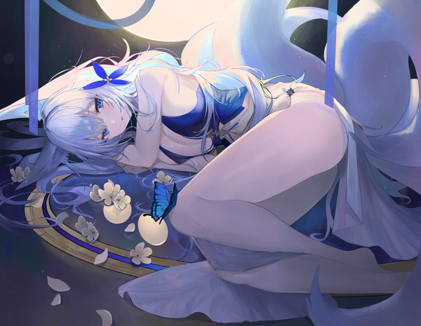 Anime picture 3694x2865 with azur lane shinano (azur lane) shinano (light of the hazy moon) (azur lane) cherrymaru single long hair looking at viewer fringe highres breasts blue eyes light erotic hair between eyes large breasts animal ears absurdres silver hair bent knee (knees) ass tail
