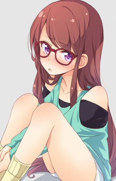 Anime picture 678x1050 with aikatsu! shibuki ran tokunou shoutarou single long hair tall image blush fringe open mouth brown hair sitting purple eyes looking away bent knee (knees) grey background embarrassed no shoes pale skin hands clasped girl