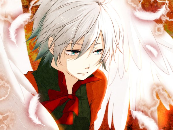 Anime picture 1024x768 with sound horizon tsurugi no shounen oyatunoousama single fringe short hair blue eyes hair between eyes looking away silver hair upper body boy wings feather (feathers)
