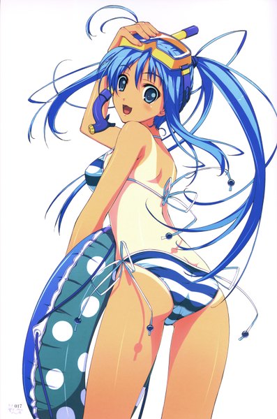 Anime picture 2316x3500 with murakami suigun single long hair tall image looking at viewer highres blue eyes light erotic white background blue hair absurdres ponytail looking back tan girl swimsuit bikini side-tie bikini goggles swim ring
