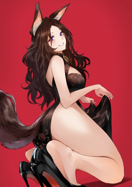 Anime-Bild 1412x2000 mit original nr noir single long hair tall image looking at viewer blush fringe breasts light erotic simple background smile brown hair purple eyes animal ears full body ass tail traditional clothes parted lips