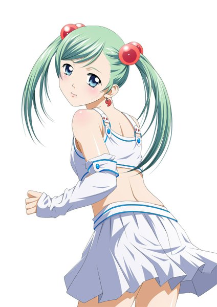 Anime picture 1000x1414 with ikkitousen shokatsuryou koumei single long hair tall image blue eyes simple background white background twintails green hair loli girl detached sleeves hair tie hair bobbles