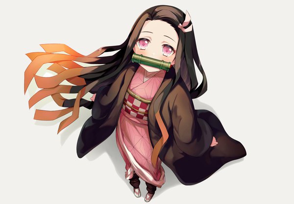 Anime picture 1500x1040 with kimetsu no yaiba ufotable kamado nezuko echiru39 single looking at viewer black hair simple background standing full body very long hair traditional clothes japanese clothes pink eyes multicolored hair from above grey background two-tone hair girl ribbon (ribbons)