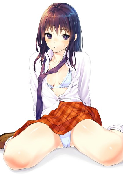 Anime picture 708x1000 with original oryou single long hair tall image blush light erotic simple background brown hair white background sitting purple eyes looking away open clothes pantyshot open shirt girl uniform underwear panties