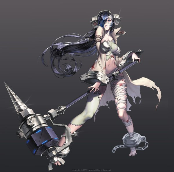 Anime picture 1248x1236 with original love cacao single long hair fringe blue eyes light erotic black hair simple background standing blue hair multicolored hair hair over one eye grey background two-tone hair scar girl navel weapon chain