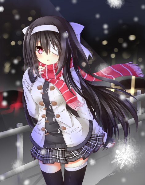 Anime picture 1000x1270 with original chabaneko single long hair tall image blush black hair pink eyes zettai ryouiki plaid skirt snowing winter striped bandage over one eye girl thighhighs skirt black thighhighs miniskirt jacket